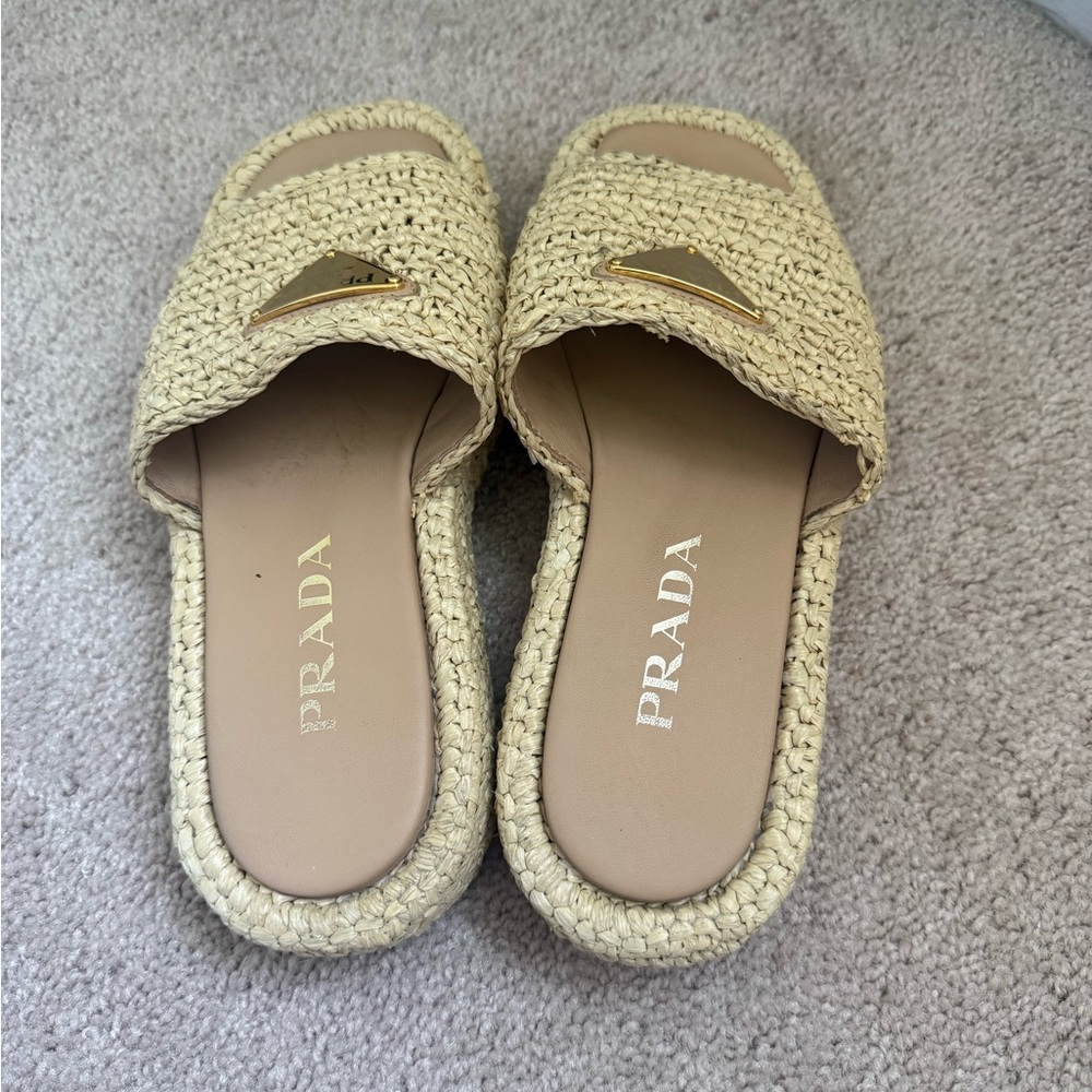 PRADA Beige Raffia Slide Platform Sandals - Picture 2 of 4